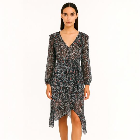 Isabel Marant Enna 100% Silk Black Aztec Chiffon Long Sleeve A-Line Dress 12 - Picture 1 of 6